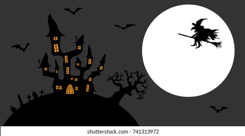 dark castle and witch in front of full moon with scary illustrated elements for Halloween background layouts