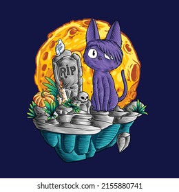 Dark cat in grave stone with moon