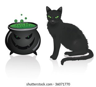 A dark cat sitting near a halloween pot.