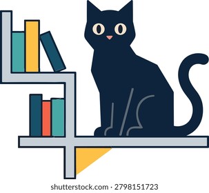 Dark cat sitting on a grey bookshelf with books