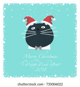 Dark cat in the white shirt, bow tie red-blue color and two hats of Santa on the ears.From the bottom of the postcard the phrase merry christmas and happy new year and numbers: two, zero, one ,eight.