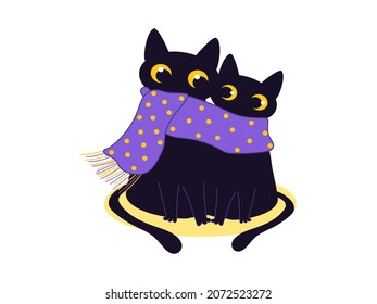 Dark cats sit together and bask in a purple scarf with yellow dots in polka dots on a white background in a flat style. Template for cute holiday greeting cards. Vector.