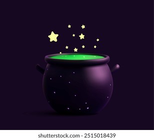 A dark cauldron filled with glowing green potion, emitting sparkling yellow stars, creating a magical and mystical atmosphere. Perfect for themes related to fantasy, witchcraft, Halloween. Vector