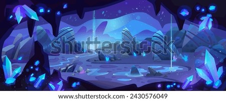 Dark cave with blue crystals. Vector cartoon illustration of dark underground mine with mineral stones on walls, water puddles on ground, treasure grotto, jewelry mining dungeon, game background