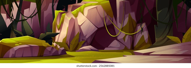 Dark cave entrance in tropical jungle - mysterious rocky grotto with mossy stones, hanging vines, dark cliffs and green vegetation around opening. Fantasy scenery for adventure game background.