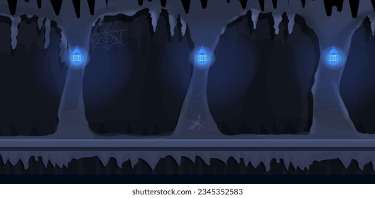 Dark cave game background tillable horizontally, dark terrible empty place with rock, lighting walls in side view. For 2d games location. Vector illustration