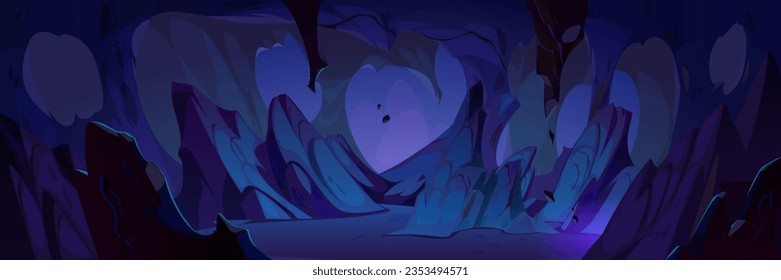 Dark cave or mine with stone walls and stalactites on the inside. Mysterious underground or dungeon game cartoon background. Vector illustration of rocky cavern or grotto with tunnel path.