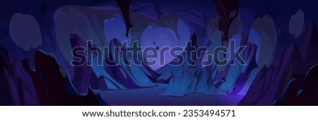 Dark cave or mine with stone walls and stalactites on the inside. Mysterious underground or dungeon game cartoon background. Vector illustration of rocky cavern or grotto with tunnel path.