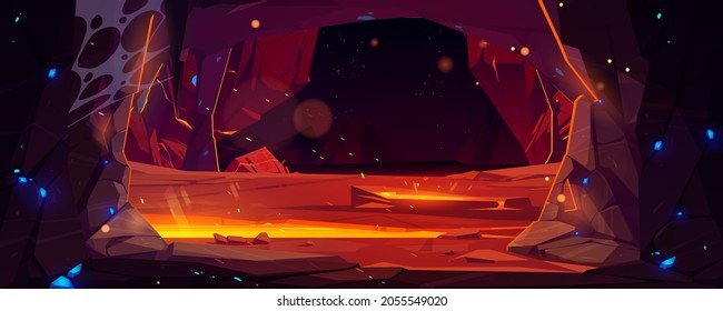 Dark cave in mountain with hot lava. Vector cartoon illustration of underground volcano, tunnel in rock with molten magma, sparks and blue crystals in stone walls