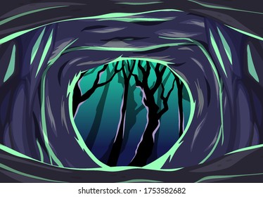 Dark cave with some dark tree cartoon style scene illustration