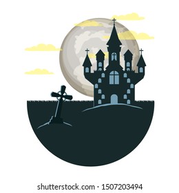dark cemetery with castle night scene icon