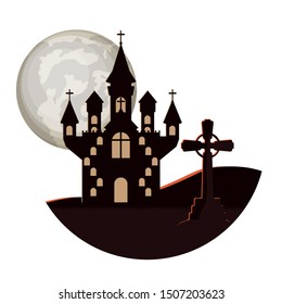 dark cemetery with castle night scene icon