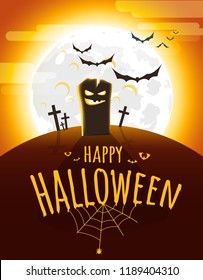 Dark cemetery in a full moon. Happy Halloween vector banner