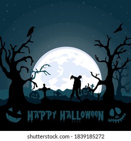 Dark cemetery and zombies illustration. Happy Halloween. Vector landscape. Bright moon, zombies, ravens, graves, lanterns, trees illustration.