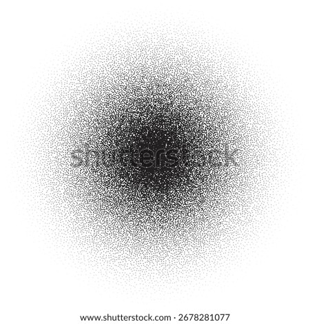 Dark center grain texture with radial halftone fade on white background. Dense black noise dispersing outward for vintage, comic, grunge design. Abstract dotted vector illustration.