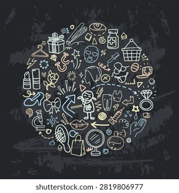 A dark chalkboard background featuring a circular cosmetics, jewelry, high heels, and skincare doodle pattern for beauty shop and fashion promotion graphics with arrow details.