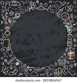 A dark chalkboard frame background featuring cosmetics, jewelry, high heels, and skincare doodles with copy space for beauty shop and fashion promo with arrow details.
