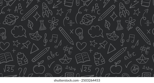 Dark chalkboard seamless repeat pattern back to school vector background, with school supply doodle elements