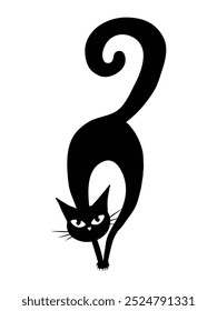 A dark character for Halloween. Black cat with isolated on white background. Spooky witch cat.