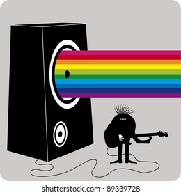 Dark character playing guitar on a big amplifier with a rainbow concept music output