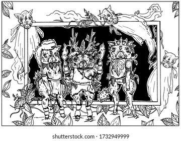 Dark characters, Three Piglets stand in the glade, shamans with headdresses, in fur clothing and leaves with many eyes, with fire in their paws, mace and tambourine with flying spirits ghosts pigs.