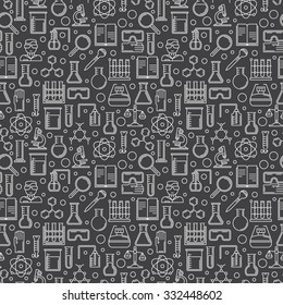 Dark chemistry seamless patten - vector linear science background or education texture