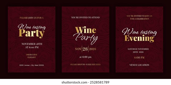 Dark cherry red colored wine tasting event invitation template set with golden text. Baroque luxury style retro ornate pattern background. EPS 10 vector illustration.