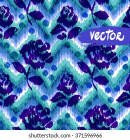 Dark chevron floral seamless pattern with blue chevron roses. Hand drawn vector illustration traditional style pattern