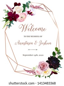 Dark Chic Fall Flowers Vector Design Frame. Orchid, Pink Ranunculus, Dusty Rose, Burgundy Red Dahlia, Astilbe, Seeded Eucalyptus And Greenery.Stylish Pink Gold Wedding Geometry. Isolated And Editable