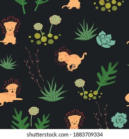 Dark childish seamless pattern with lion cubs, succulents and exotic plants.
