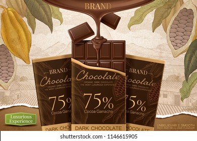 Dark chocolate ads with 3d illustration product on retro engraving cocoa background