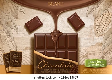 Dark chocolate ads with 3d illustration sauce dripping from top on retro engraving cocoa background