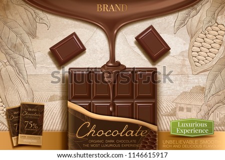 Dark chocolate ads with 3d illustration sauce dripping from top on retro engraving cocoa background