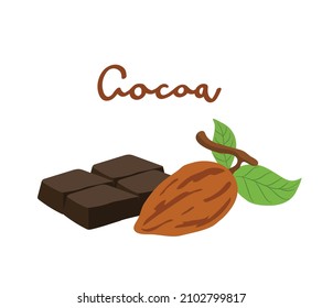 Barra de chocolate oscuro y bacalao aislado de fondo blanco. Elemento gráfico o clip de arte para la decoración, postre y bebida de cacao, cacao, sabor a cacao. Ilustración vectorial plana.