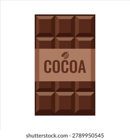 Dark chocolate bar with cocoa text and wrapper design. Suitable for confectionery packaging, sweet shop branding, and dessert menus. Flat vector illustration isolated design.