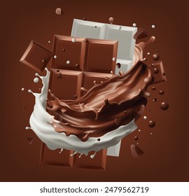 Dark chocolate bar with chocolate cream and milk splashing splashing, 3d vector , Gradient Mesh