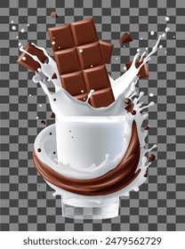 Dark chocolate bar with chocolate cream and milk splashing splashing, 3d vector , Gradient Mesh