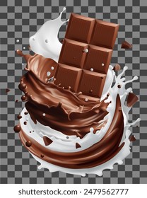 Dark chocolate bar with chocolate cream and milk splashing splashing, 3d vector , Gradient Mesh