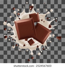 Dark chocolate bar with chocolate cream splashing, 3d iReady to use for your design, presentation, promo, ad. Mesh gradient wes used