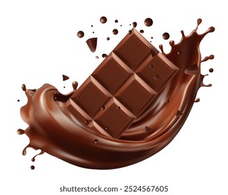 Dark chocolate bar with chocolate cream splashing, 3d iReady to use for your design, presentation, promo, ad. Mesh gradient wes used