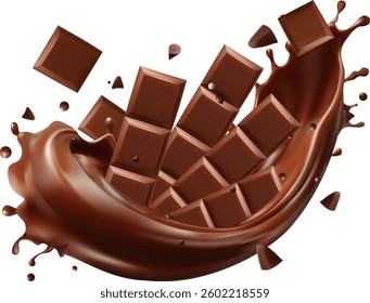 Dark chocolate bar with chocolate cream splashing, 3d iReady to use for your design, presentation, promo