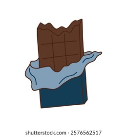 Dark chocolate bar doodle illustration. Dark chocolate in blue packaging. Template for banner, packaging, postcard, website. Hand drawn illustration isolated on white background.