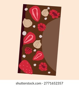 Dark chocolate bar with dried strawberries, raspberries and whole hazelnuts, artisanal berry chocolate illustration 