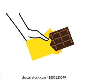 Dark chocolate bar in a hand. vector