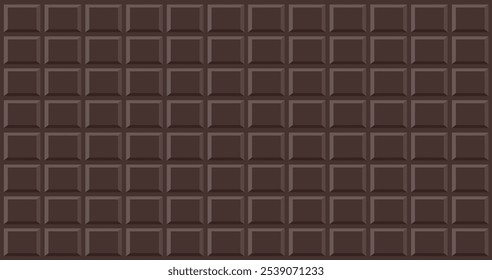 Dark chocolate bar horizontal background. Unwrapped square brown chocolate pieces. International Chocolate Day banner design for greeting card, flyer, wallpaper or social media.