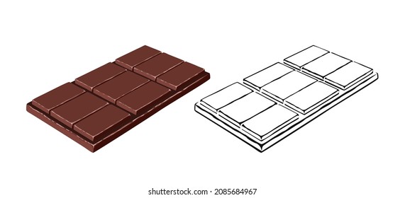 Dark chocolate bar isolated. Vector cartoon flat illustration and silhouette.