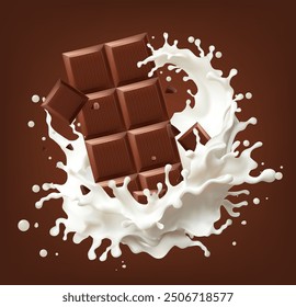 Dark chocolate bar with Milk splash cream splashing, 3d illustration. . Realistic vector illustration, Mesh gradient wes