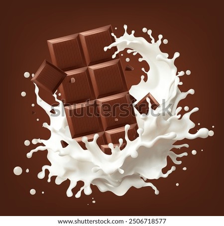 Dark chocolate bar with Milk splash cream splashing, 3d illustration. . Realistic vector illustration, Mesh gradient wes