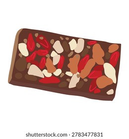Dark chocolate bar packed with dried raspberries almonds and mixed nuts textured food illustration