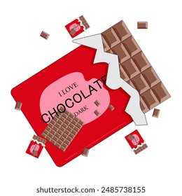 Dark chocolate bar in red packaging with the inscription I love dark chocolate